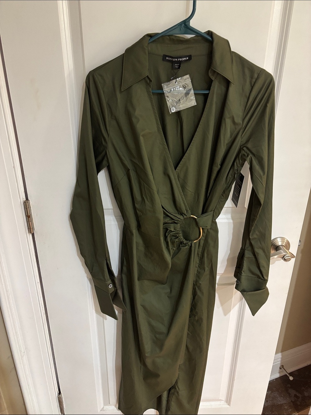Boston Proper Olive Green Long-Sleeve Wrap Shirtdress with Ring Detail